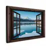 Doorkijk - Winterlandschap - Meer - Bergen - Uitzicht Tuinposter op houten frame 2 cm dik klein -3d