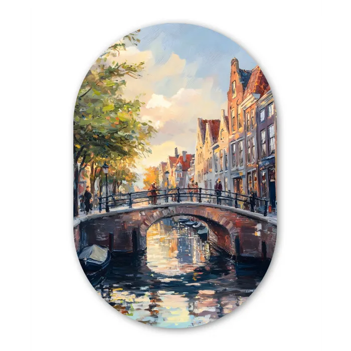 Brug - Stad - Huizen - Boot Wandcirkel Ovaal Glas middel -3d
