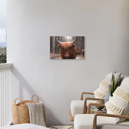 Hooglander in het Bos Tuinposter op houten frame 2 cm dik klein -sfeer1