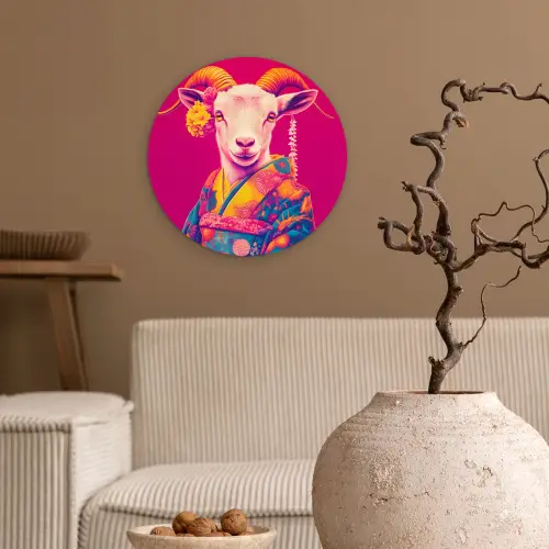 Geit - Hoorns - Kimono - Kleurrijk Wandcirkel kunststof plaat 5mm dik klein -sfeer1