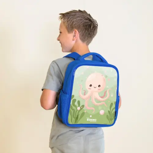 Roze octopus met een lach Kinderrugzak - Blauw middel -sfeer2
