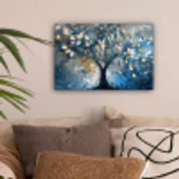 Boom - Blauw - Goud - Abstract canvas 2cm klein -sfeer1