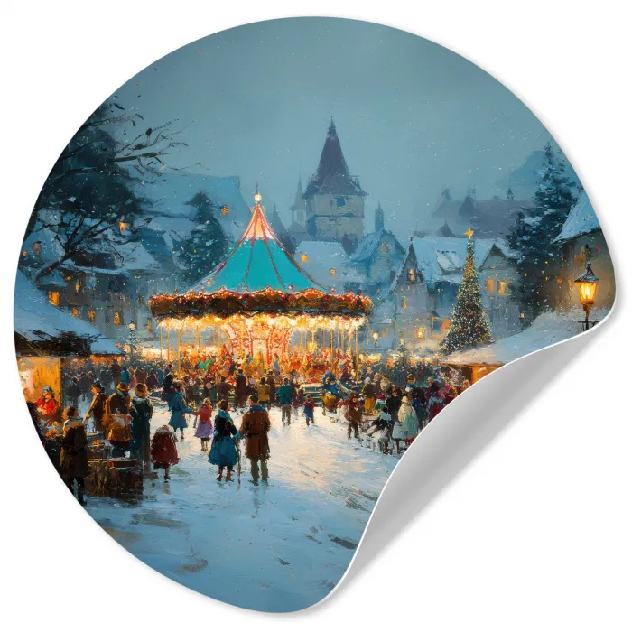 Winterkermis - Dorp - Kleurrijk Wandcirkel behangsticker klein -3d