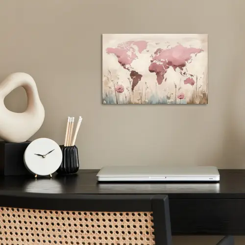 Wereldkaart - Roze - Bloemen poster papier klein -sfeer1