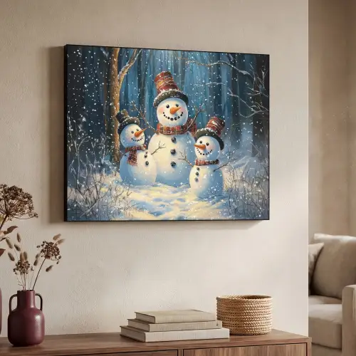 Sneeuwpop - Sneeuw - Winter - Bos Textielframe zwart klein -sfeer3