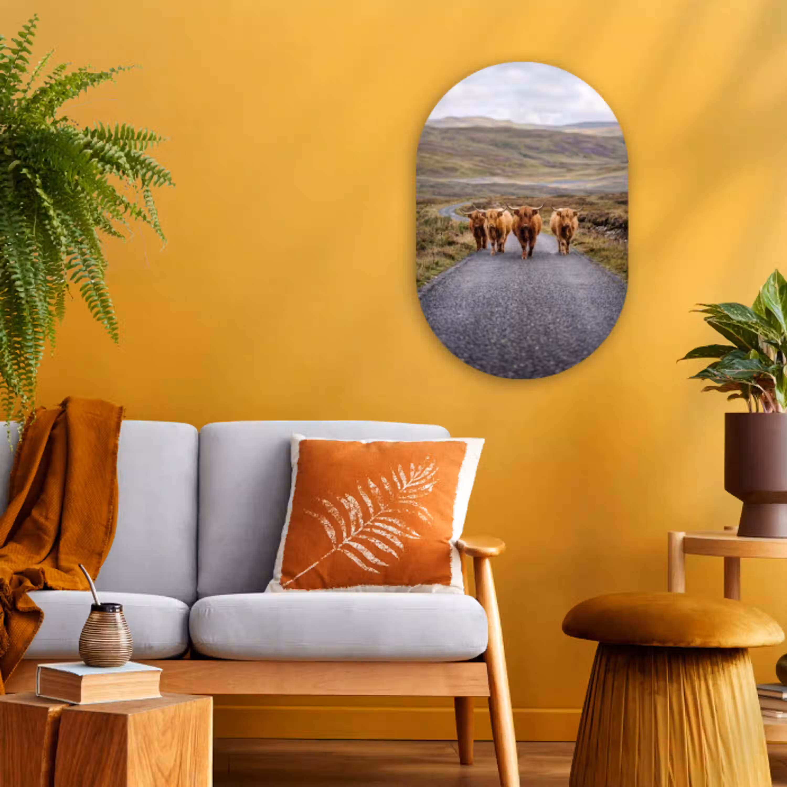 Schotse Hooglanders - Weg - Landschap - Kudde Wandcirkel Ovaal Forex klein -sfeer4