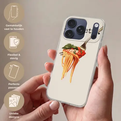 Spaghetti - tomatensaus - Parmezaanse kaas Telefoonhoesje iPhone 17 Pro klein -sfeer3_NL