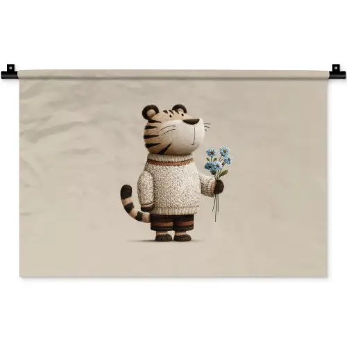 Tijger - Blauwe bloemen - Rustig Wandkleed katoen klein -zz3d