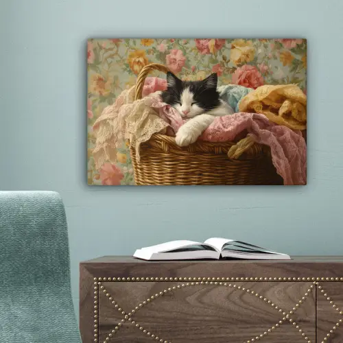 Kat - Bloemenprint - Rieten mand canvas 2cm klein -sfeer4