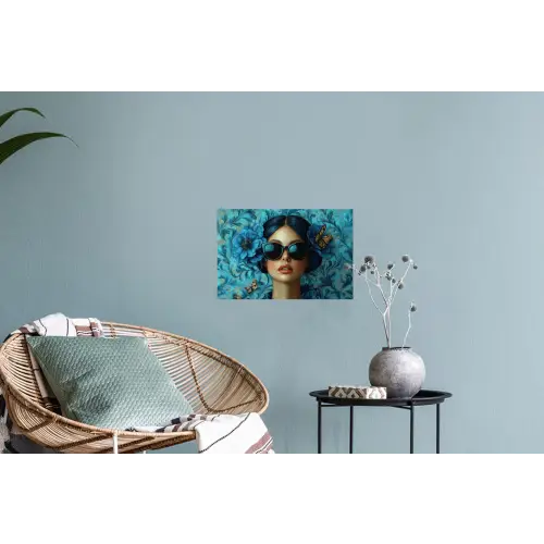 Vrouw - Bloemen - Vlinders - Blauw - Abstract Muursticker klein -plant