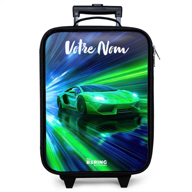Valise enfant avec nom - Voiture de sport - Vert - Lignes de vitesse - Néon
