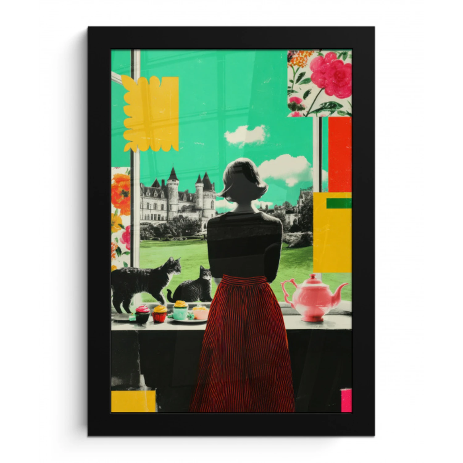 Vrouw - Keuken - Katten - Doorkijk fotolijst zwart zonder passe partout klein -3d