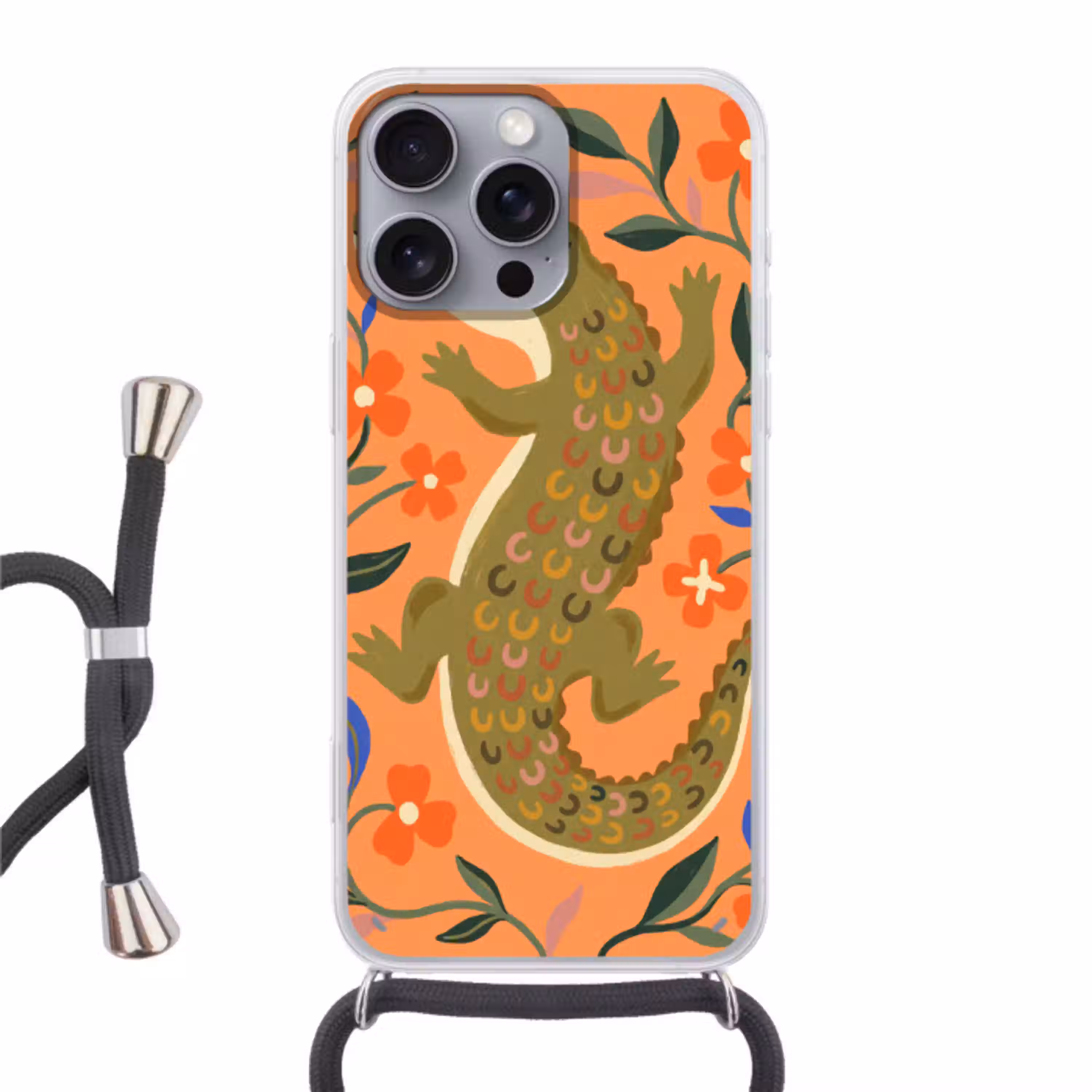 Dieren - Bloemen - Oranje - Illustratie - Natuur Hoesje iPhone 16 Pro Max met koord klein -3d