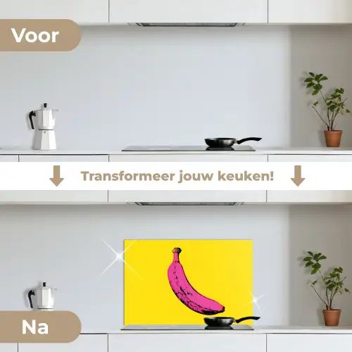 Banaan - Grafisch - Geel keuken achterwand spatscherm klein -voor_na_NL