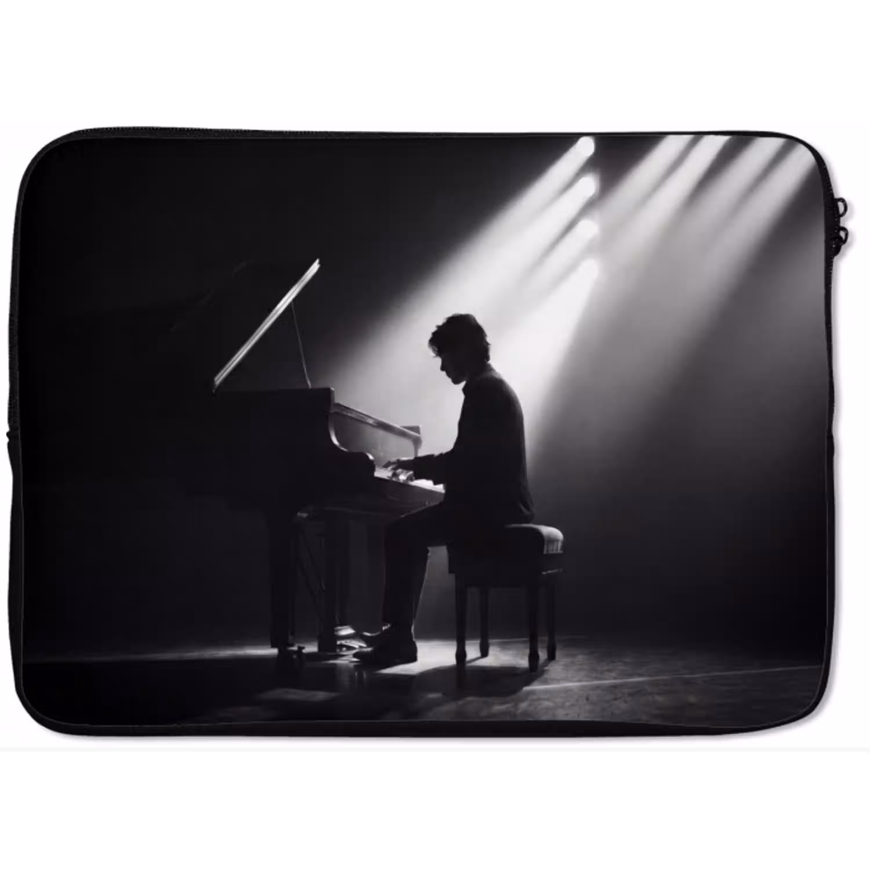 Persoon - Piano - Muziek - Zwart-wit - Podium laptophoes neopreen klein -zkaufland3dotto