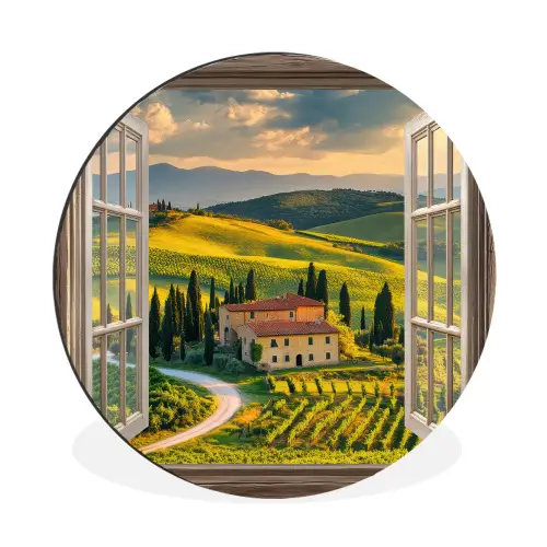 Doorkijk - Toscane - Uitzicht - Landschap - Zomer Wandcirkel aluminium klein -3d