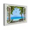 Doorkijk - Boom - Zee - Palmboom - Heuvels - Strand - Blauw Tuinposter op houten frame 2 cm dik klein -3d