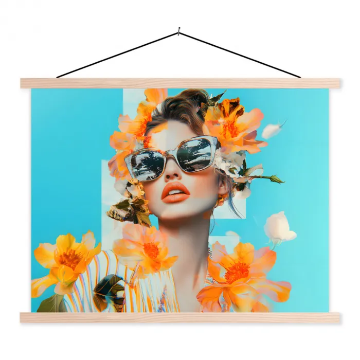 Bloemen - Vrouw - Zonnebril - Blauw textielposter latten blank klein -3d