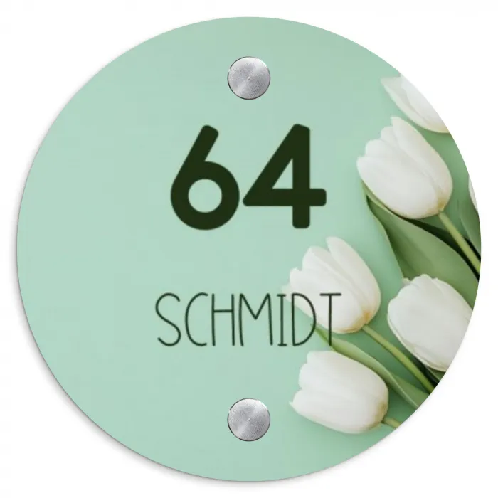 Witte tulpen - Modern Naambord Rond klein -3d