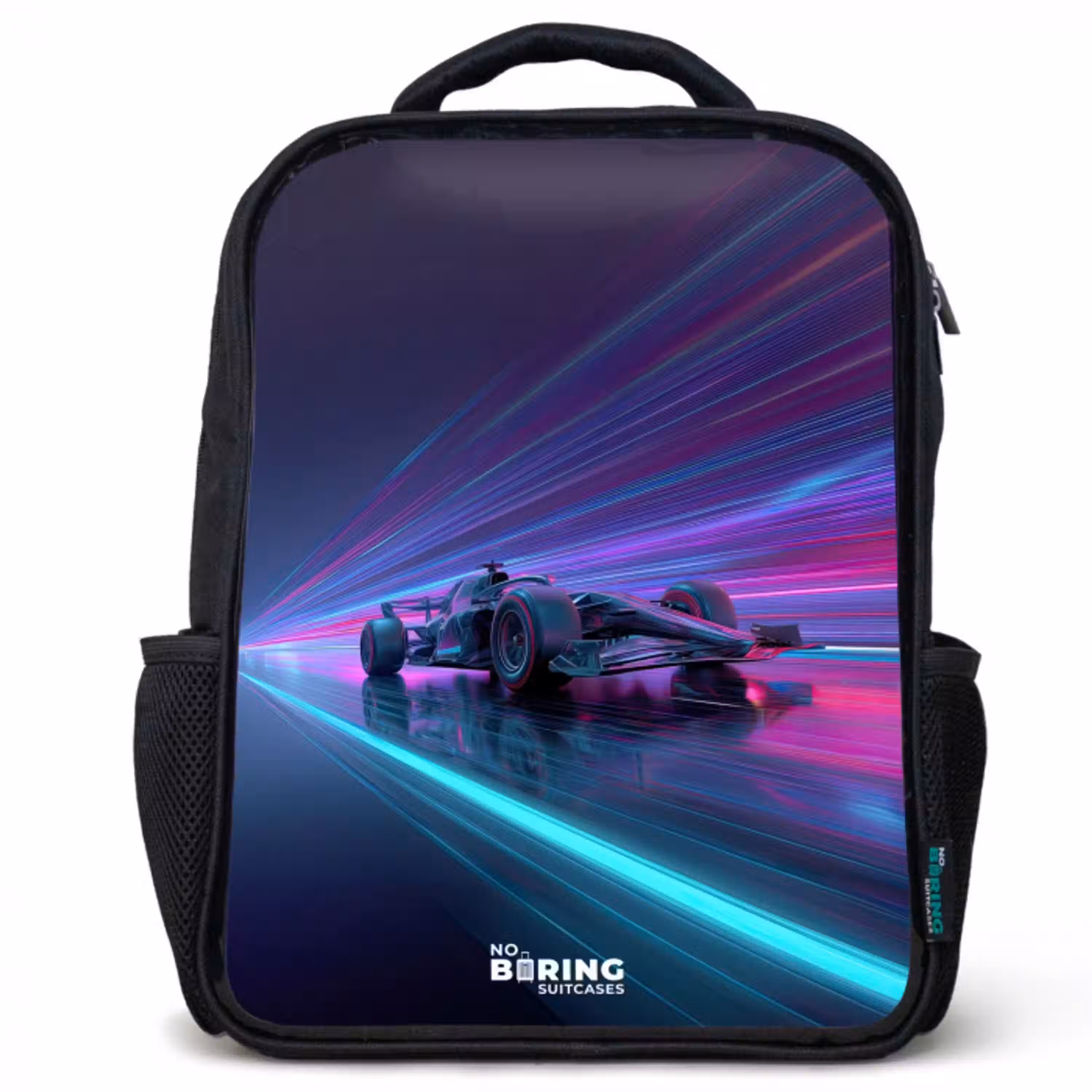 Neon - Raceauto - Lichtstrepen - Paars Rugzak - Zwart middel -3d