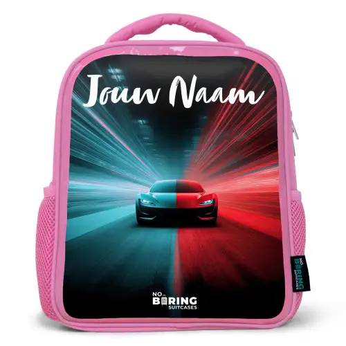 Sportauto - Blauw - Neon - Stad Kinderrugzak - Roze middel -3d