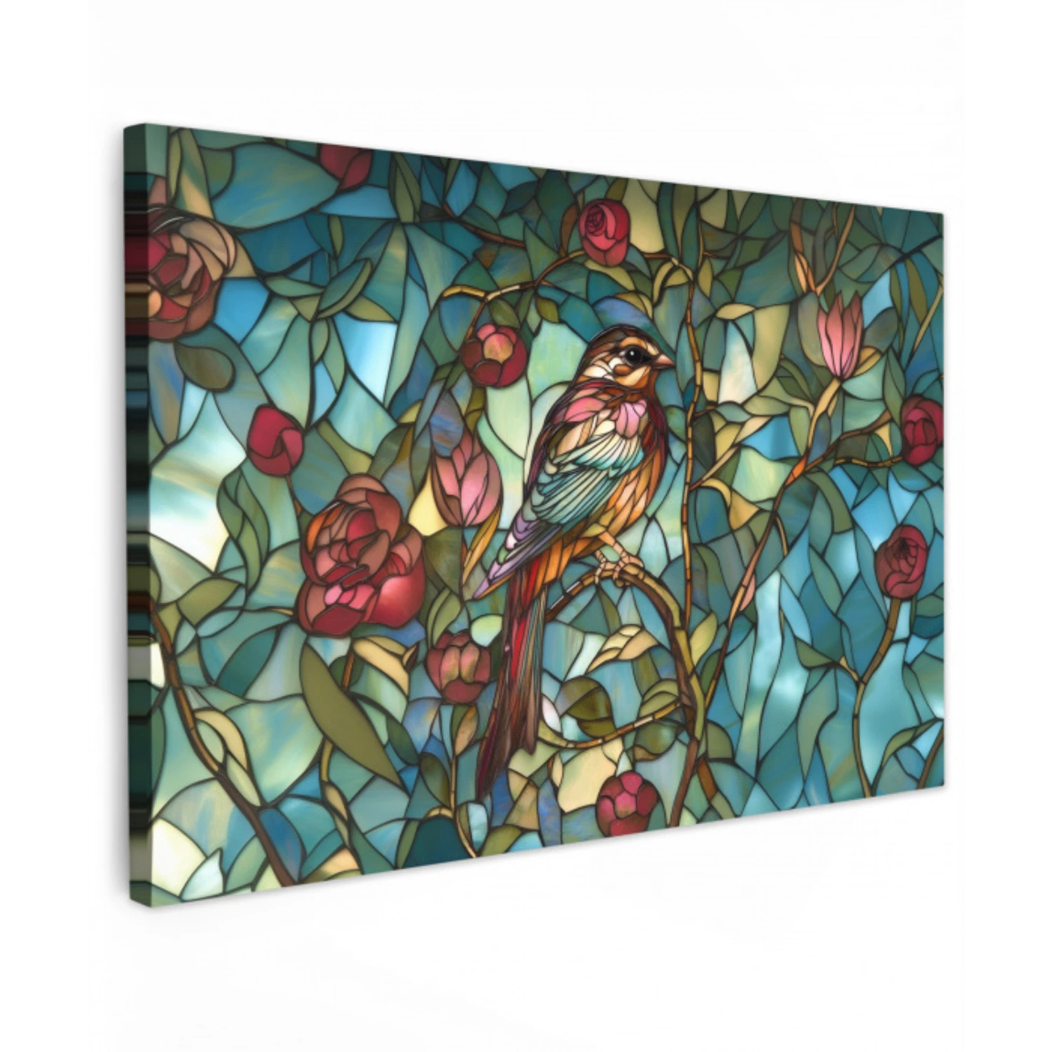 Vogel - Tak - Rozen - Mozaïek Tuinposter op houten frame 2 cm dik klein -3d