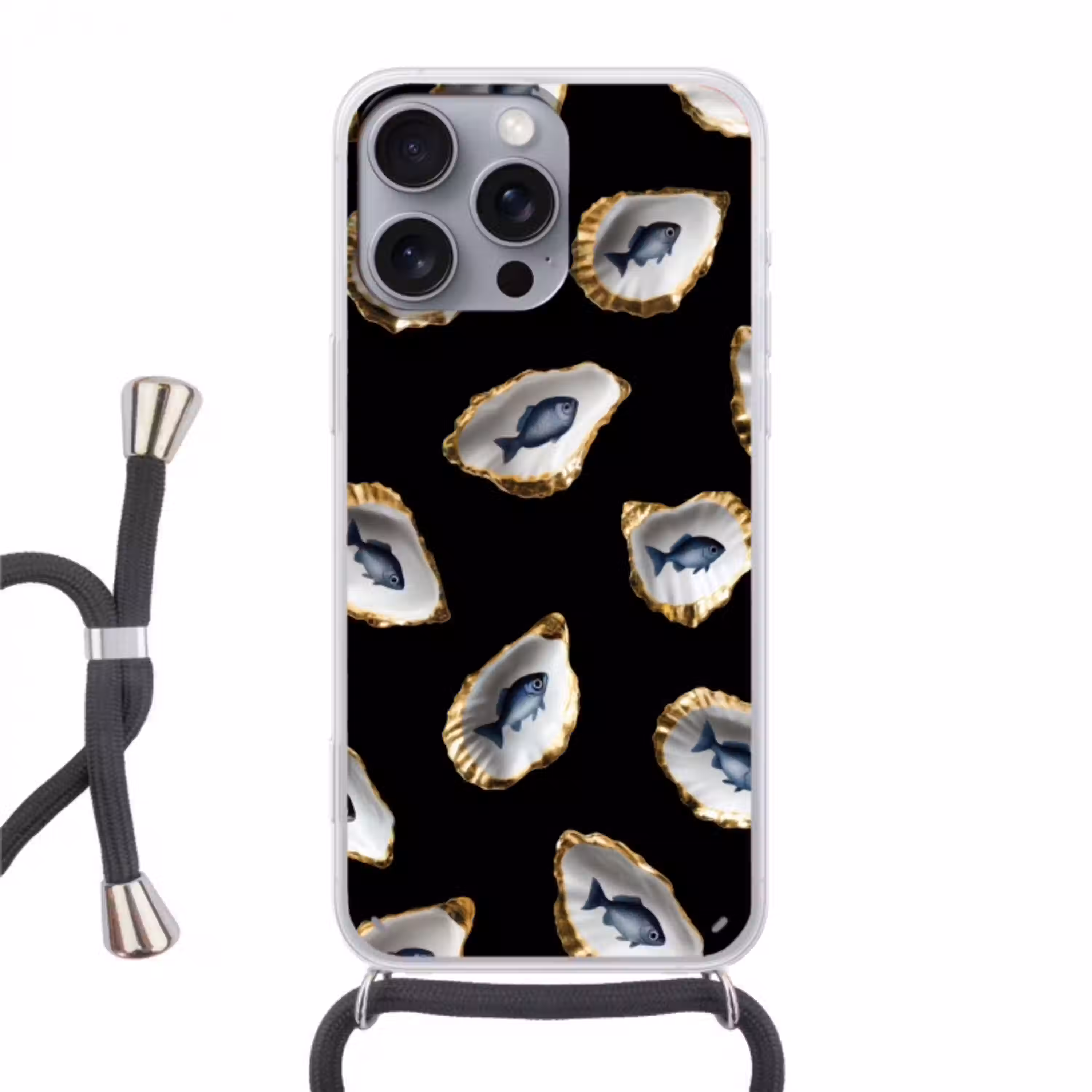 Oesters - Vissen - Blauw - Goud Hoesje iPhone 16 Pro Max met koord klein -3d