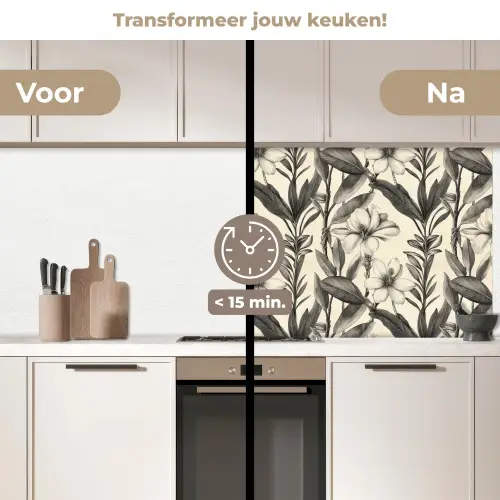 Klassiek - Botanisch - Zwart - Beige keuken achterwand 2 middel 871 -voor-na2_NL