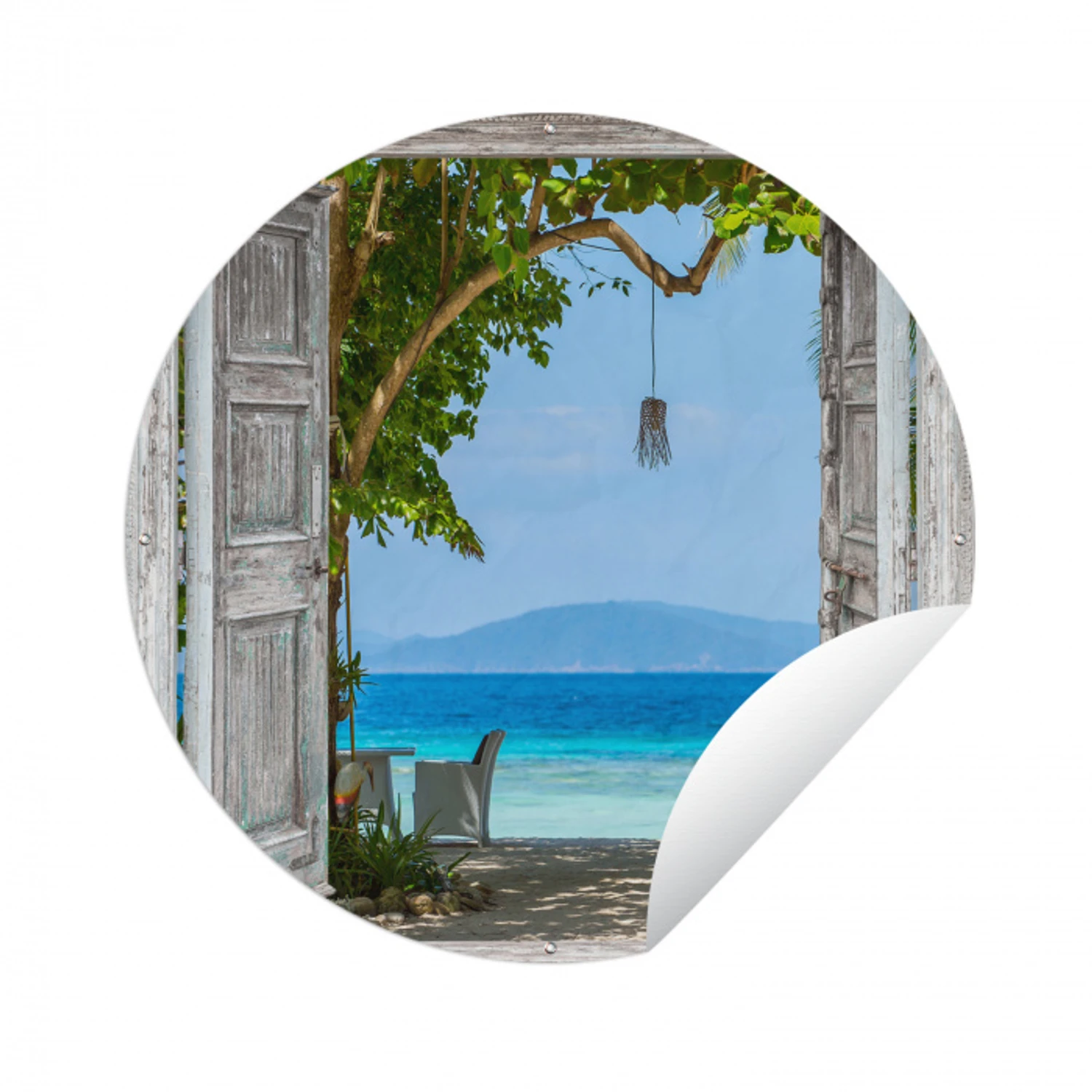 Strand - Tropisch - Zee - Doorkijk Wandcirkel tuinposter met ringen klein -3d