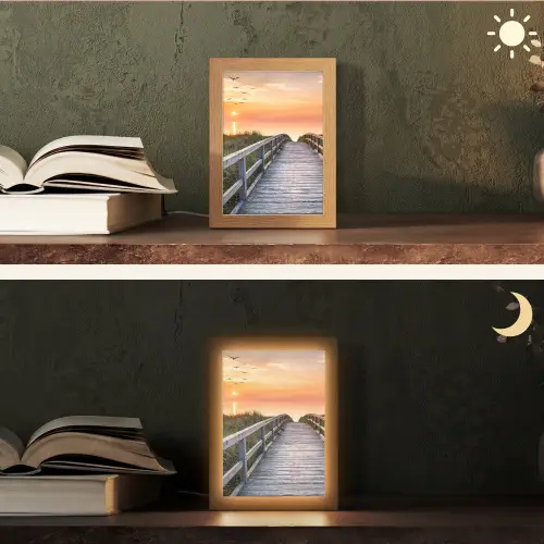 Zonsonderang - Zee - Pad - Gras - Duin - Vogels Light Box met kabel (Tafellamp) klein -sfeer3