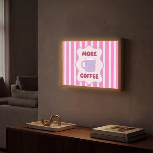 More coffee - Roze - Paars - Strepen - Mok Light Box met batterij (Wandlamp) middel -sfeer1