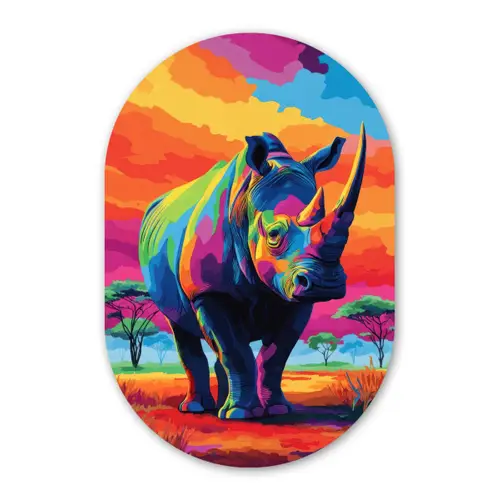 Neushoorn - Zonsondergang - Savanna - Kleurrijk Wandcirkel Ovaal Forex klein -3d
