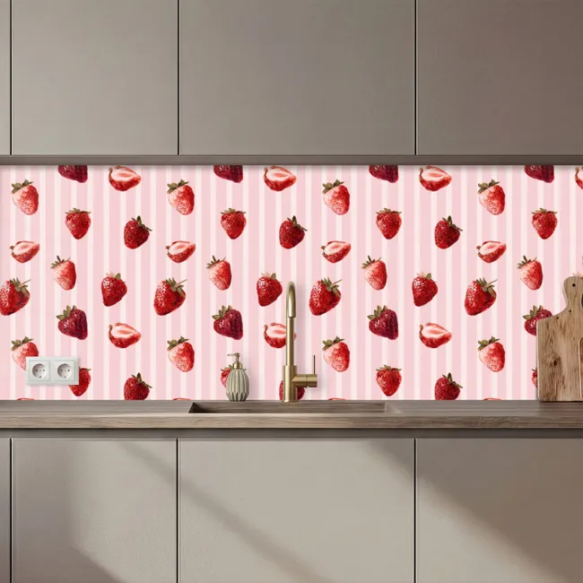 Keuken achterwand - Strepen - Aardbei - Roze