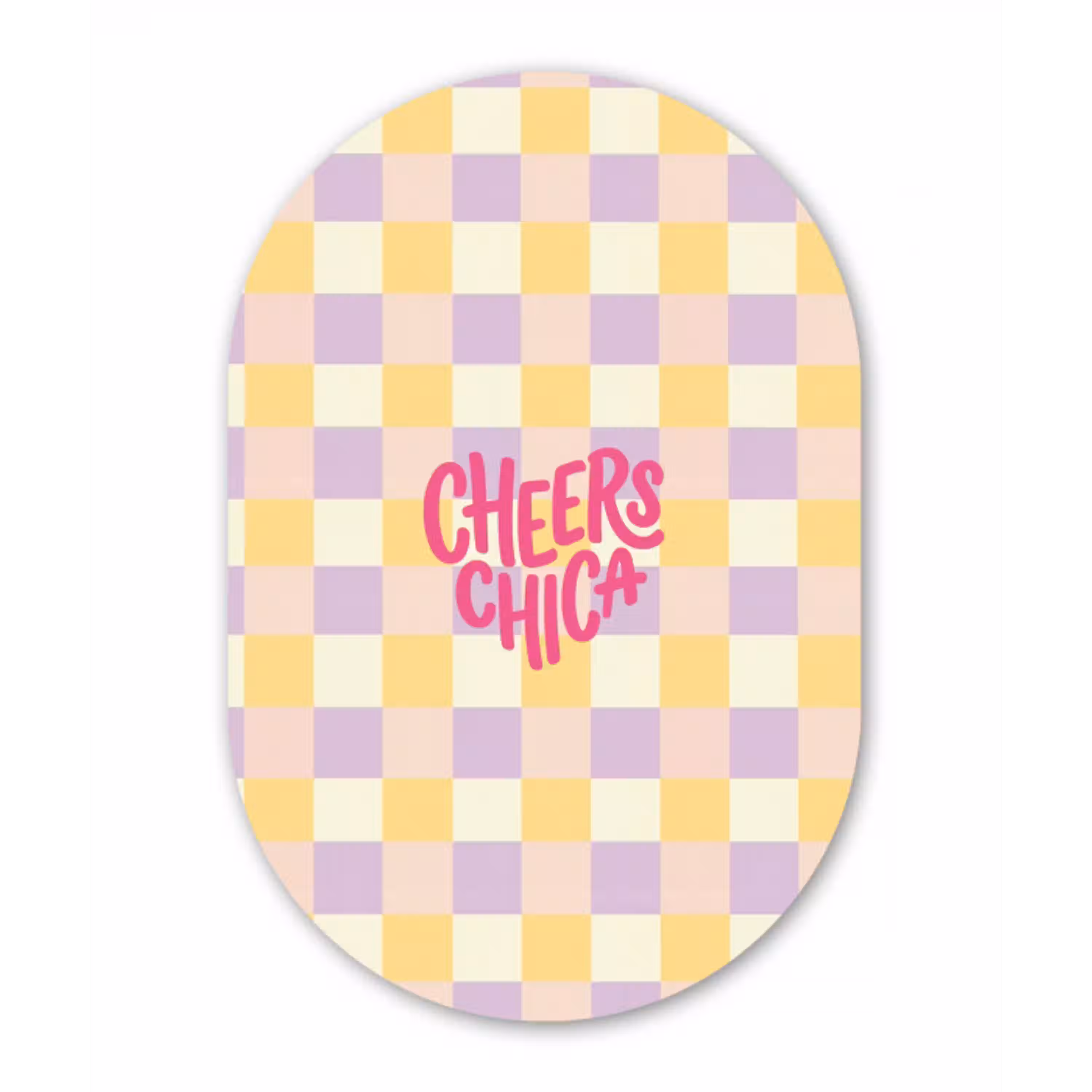 Cheers Chica - Ruitjes - Lila - Geel Wandcirkel Ovaal Aluminium middel -3d