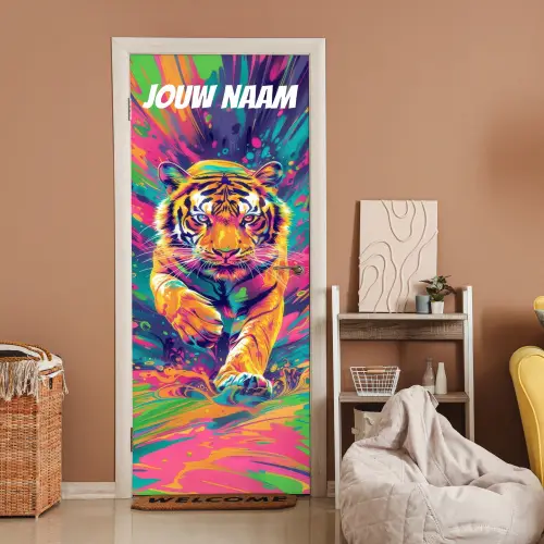 Kleurrijke tijgerillustratie met naamtekst deurposter klein -sfeer1