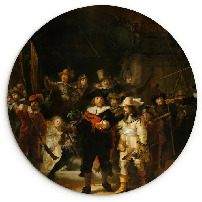 De Nachtwacht - Schilderij van Rembrandt van Rijn Wandcirkel kunststof plaat 5mm dik klein -3d