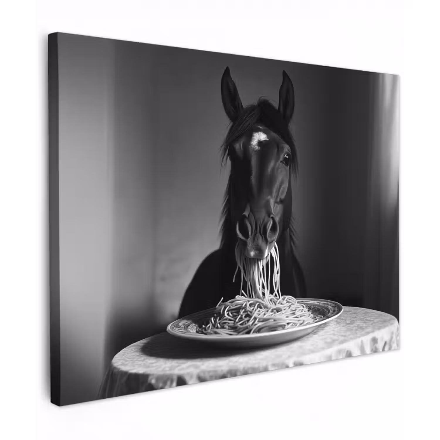 Leinwandbild - Pferd - Teller - Pasta - Tischtuch - Schwarz und weiß - Tiere