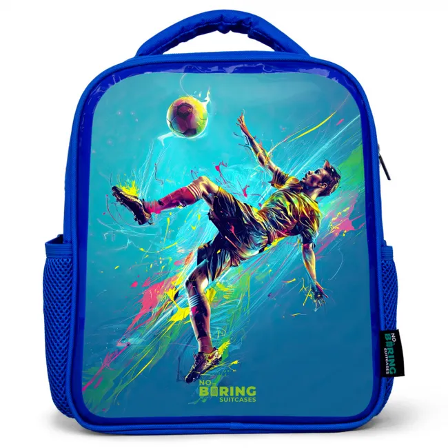 Neon - Voetbal - Schop - Kleurrijk Kinderrugzak - Blauw middel -3d