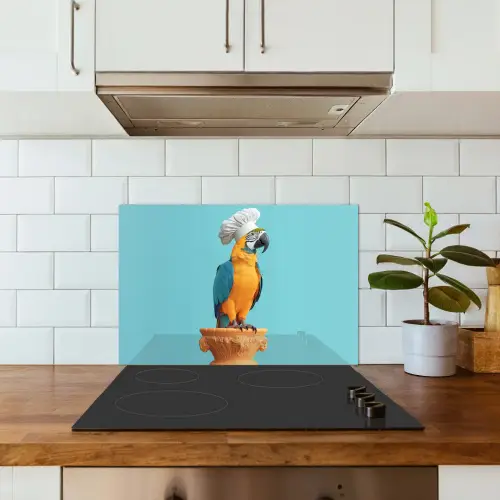 Papegaai - Koksmuts - Grappig - Vogel keuken achterwand spatscherm klein -sfeer2