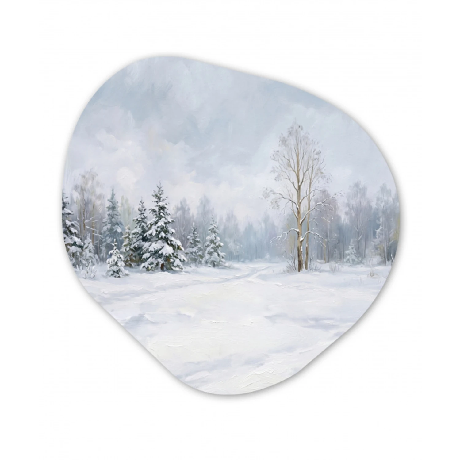 Bospad - Dennen - Sneeuw - Winter - Rustgevend Wandcirkel Organisch Aluminium middel -3d