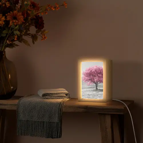 Boom - Natuur - Roze - Zwart wit Light Box met kabel (Tafellamp) klein -sfeer4