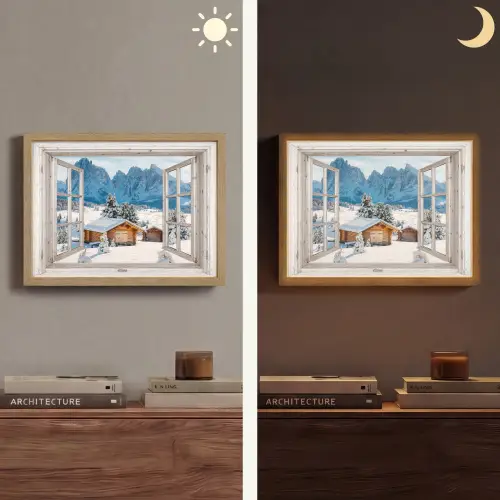 Winterlandschap - Huisje - Bergen - Uitzicht - Doorkijk - Natuur Light Box met batterij (Wandlamp) middel -sfeer3