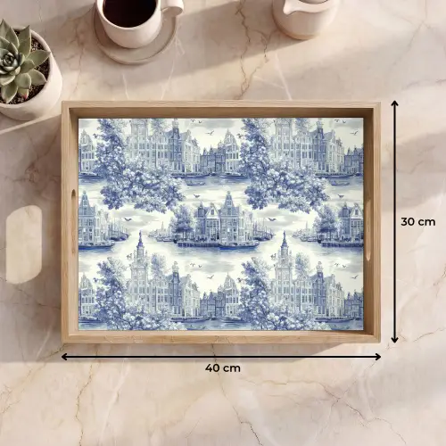 Huizen - Bomen - Water - Vogels - Blauw Dienblad Rechthoek middel 911 -USP_Formaat