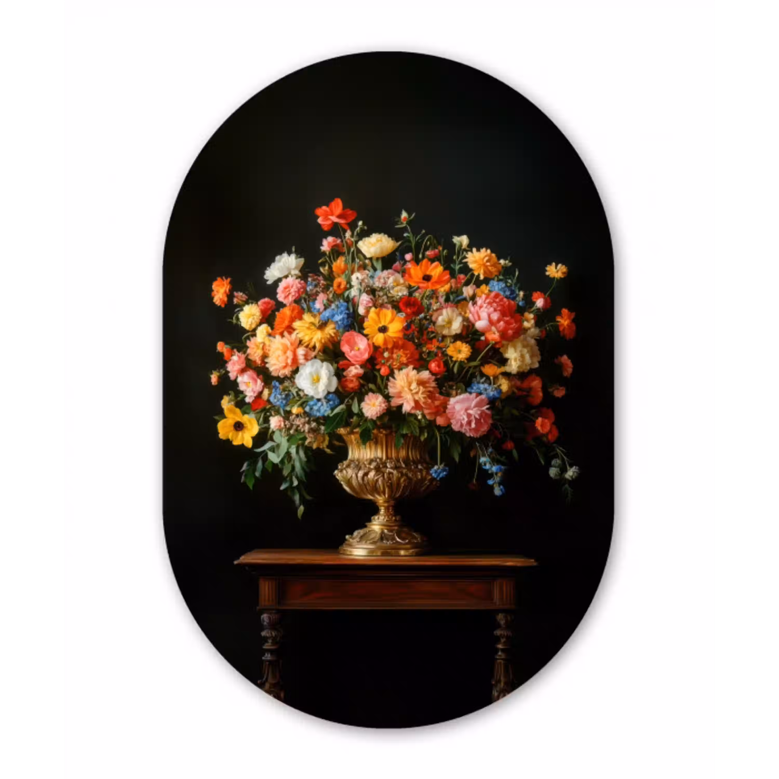 Goud - Bloemen - Kleuren - Vaas Wandcirkel Ovaal Glas middel -3d
