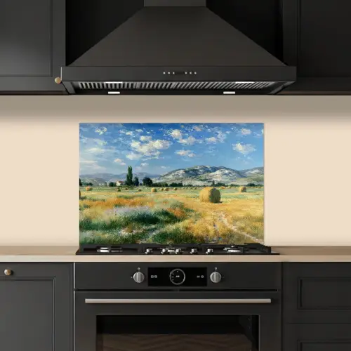 Landschap - Strobalen - Bergen - Wolken keuken achterwand spatscherm klein -sfeer1