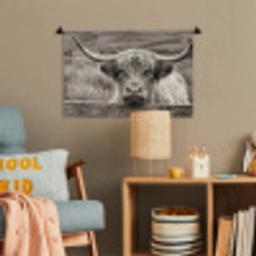 Schotse hooglander - Zwart - Wit - Hout Wandkleed katoen klein -wsfeer4_kind
