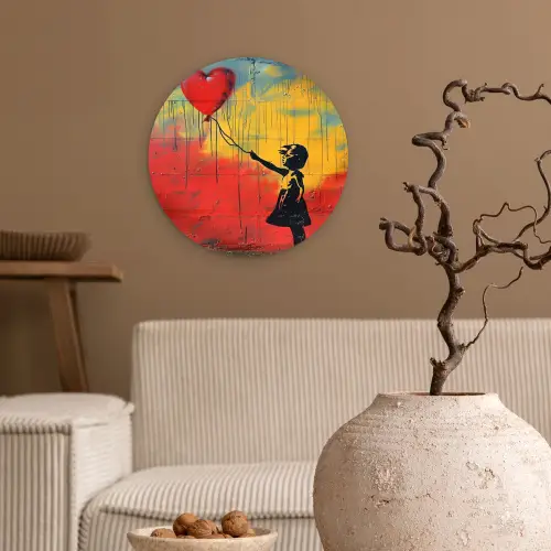 Banksy - Kunst - Graffiti - Meisje - Street art Wandcirkel kunststof plaat 5mm dik klein -sfeer1
