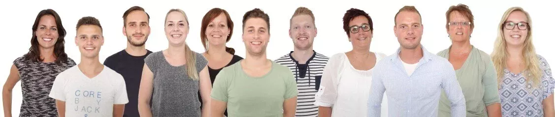 Banner met verschillende medewerkers van het bedrijf.