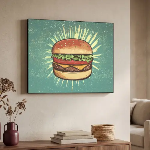 Hamburger - Illustratie - Sla - Kaas Textielframe zwart klein -sfeer3