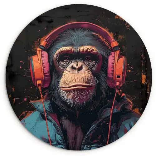 Graffiti - Chimpansee - Koptelefoon - Aap Wandcirkel kunststof plaat 5mm dik klein -3d